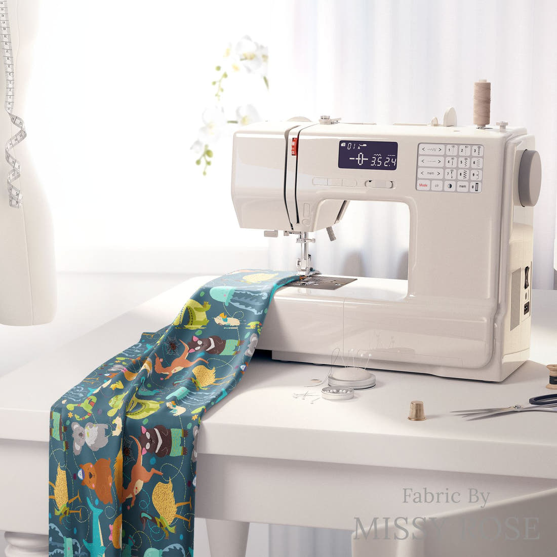 Design 12 Australian Animals Fabric on a sewing machine – premium fabric for sewing projects | Fabric by Missy Rose