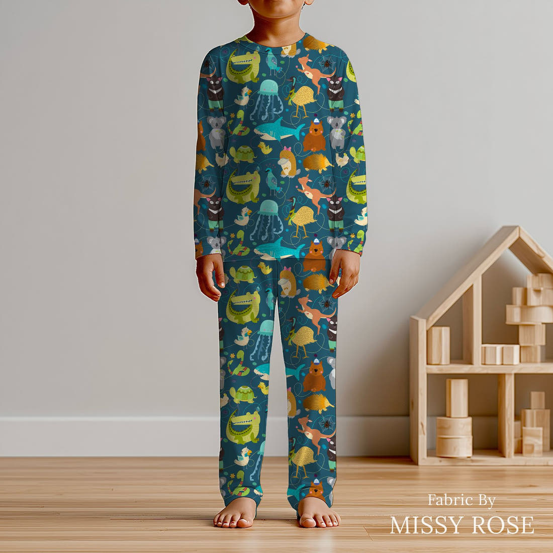 Design 12 Australian Animals Fabric sewn into kids' pyjamas – see how the print looks made up | Fabric by Missy Rose