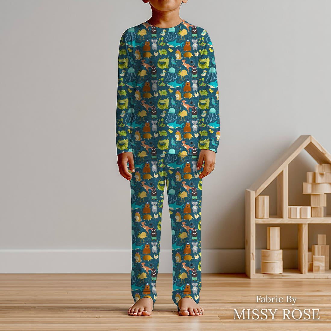 Design 12 Australian Animals Fabric sewn into kids' pyjamas – see how the print looks made up | Fabric by Missy Rose