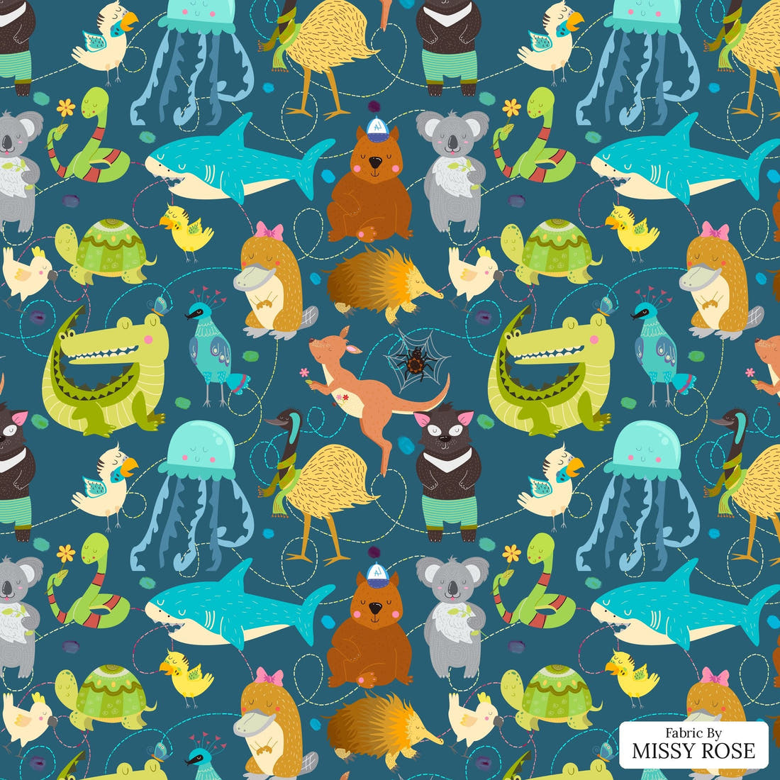 Design 12 Australian Animals Fabric - flat view of the print, zoom in for detail | Fabric by Missy Rose