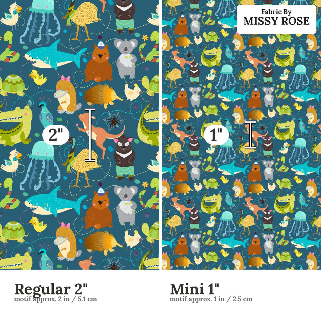 Design 12 Australian Animals Fabric size comparison - print scale | Fabric by Missy Rose