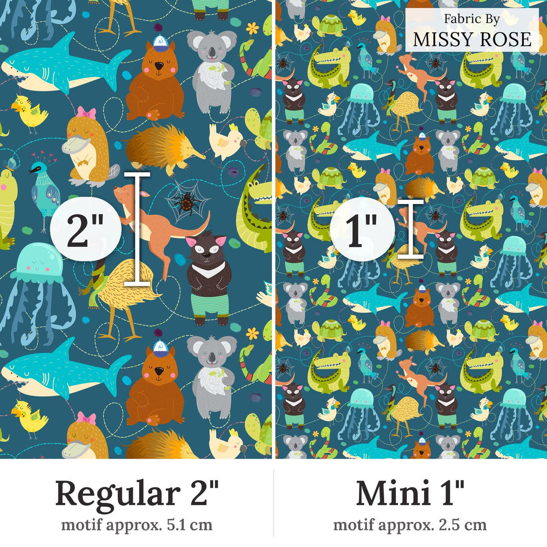 Design 12 Australian Animals Fabric Regular 2 inch vs Mini 1 inch print scale side by side | Fabric by Missy Rose