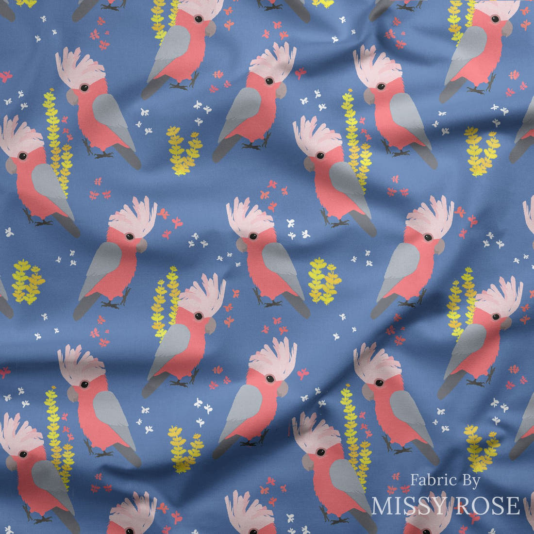 Design 120 Blue Galah Fabric draped fabric mockup – custom printed fabric by the metre | Fabric by Missy Rose