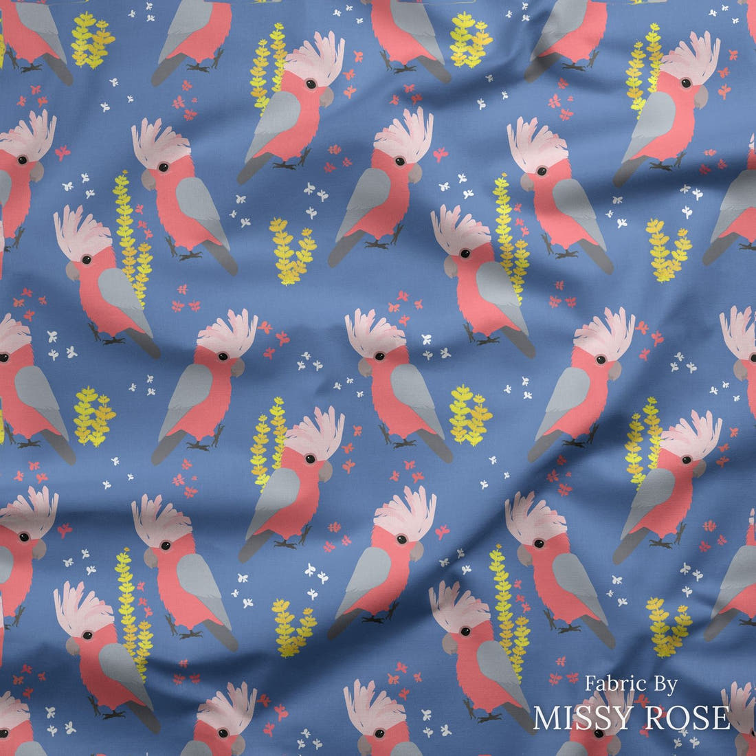 Design 120 Blue Galah Fabric draped fabric mockup – custom printed fabric by the metre | Fabric by Missy Rose