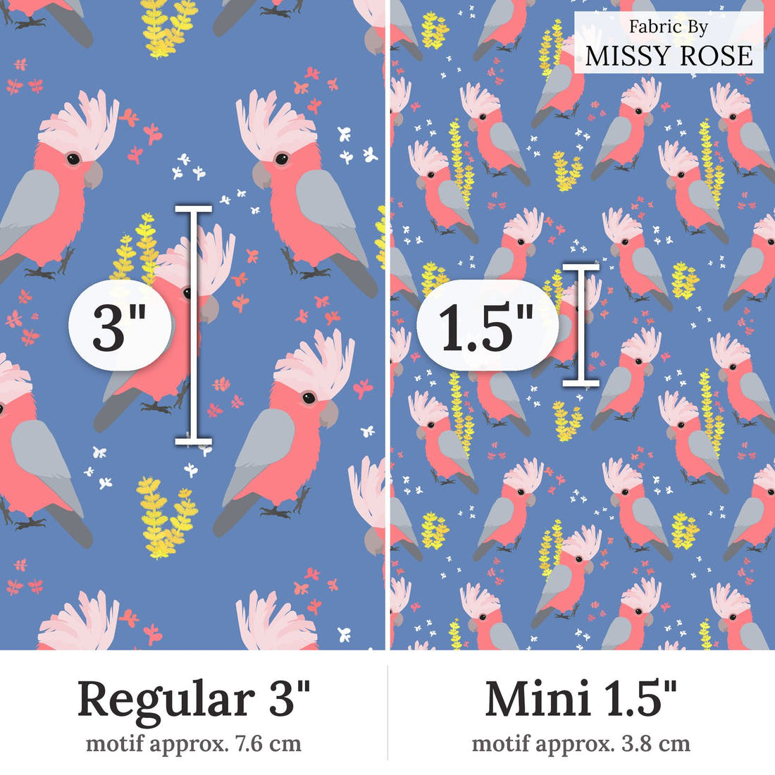 Design 120 Blue Galah Fabric Regular 3 inch vs Mini 1.5 inch print scale side by side | Fabric by Missy Rose
