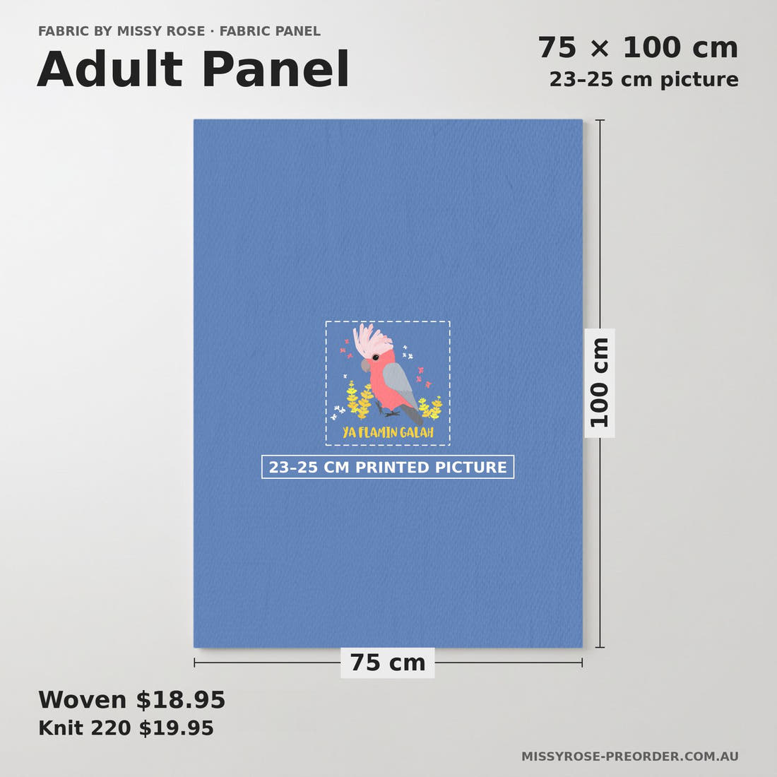 Design 120 Blue Galah Panel adult panel sizing – 23–25 cm printed picture on 75 × 100 cm fabric | Fabric by Missy Rose