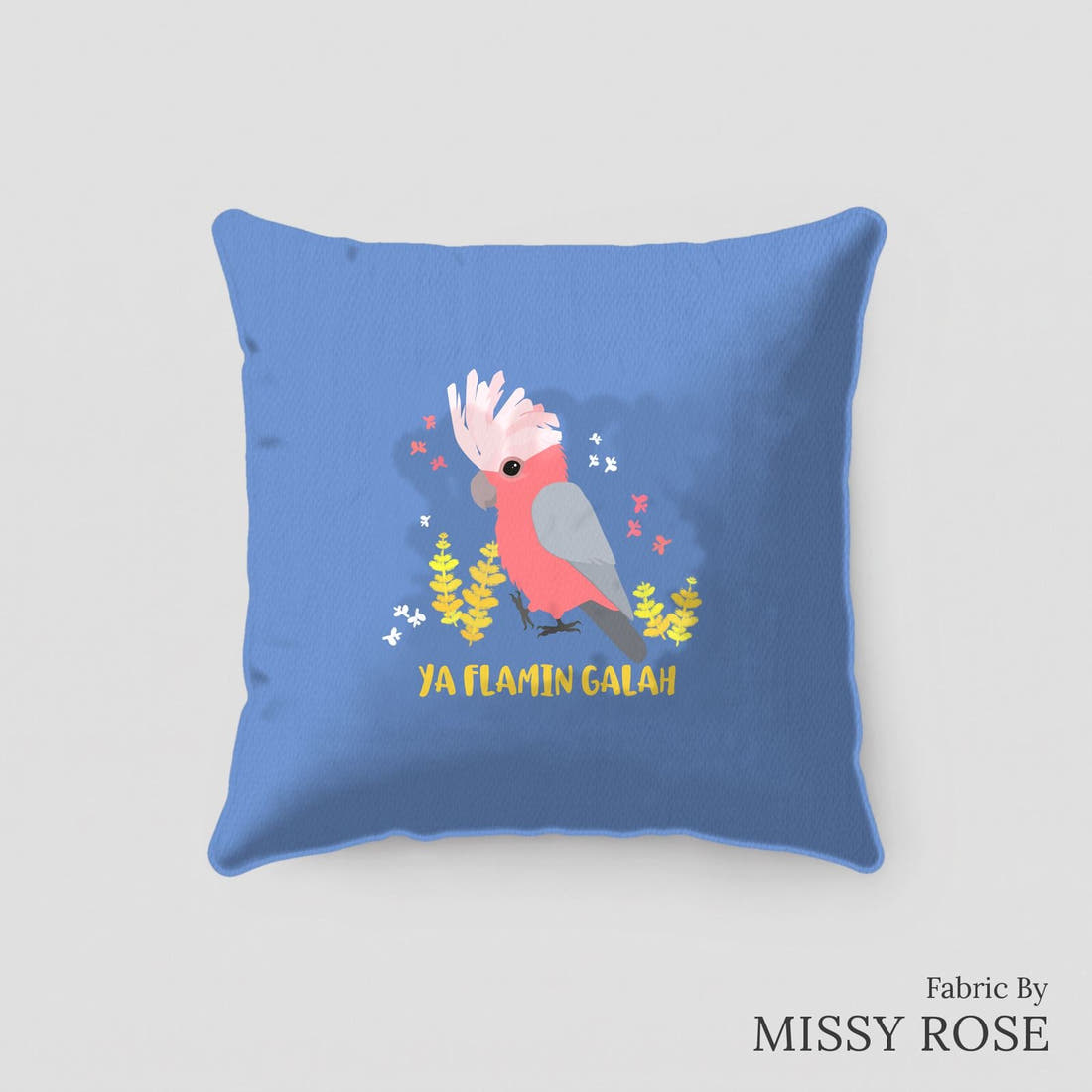 Design 120 Blue Galah Panel sewn into a cushion – see how the panel looks made up | Fabric by Missy Rose