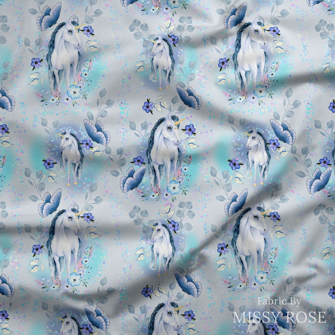 Design 1200 Blue Unicorn Fabric draped fabric mockup – custom printed fabric by the metre | Fabric by Missy Rose