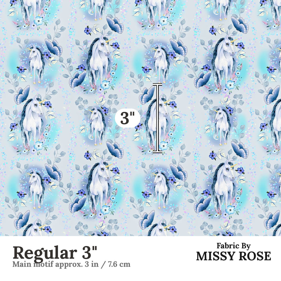 Design 1200 Blue Unicorn Fabric Regular 3 inch print scale guide | Fabric by Missy Rose
