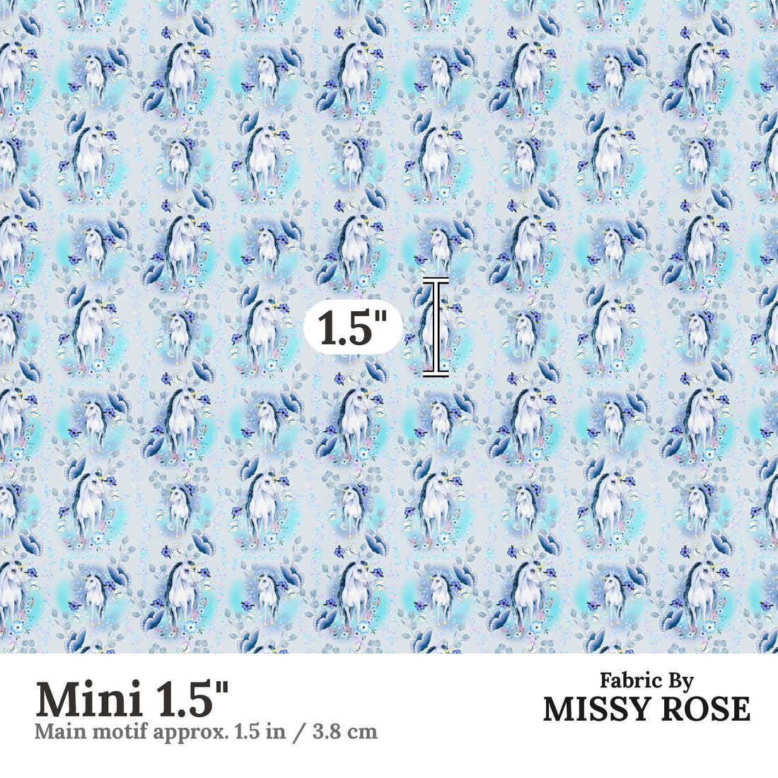 Design 1200 Blue Unicorn Fabric Mini 1.5 inch print scale guide | Fabric by Missy Rose