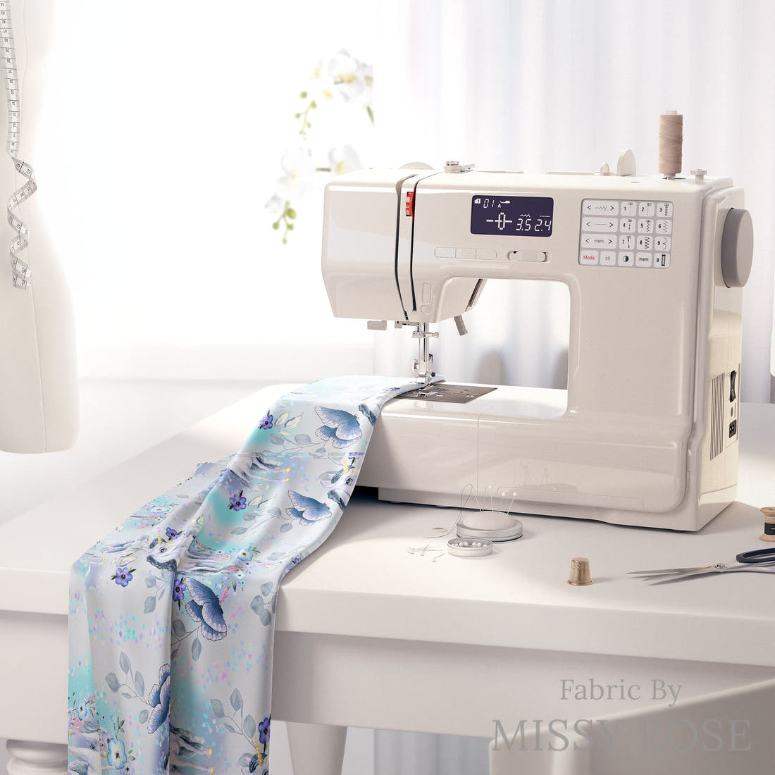 Design 1200 Blue Unicorn Fabric on a sewing machine – premium fabric for sewing projects | Fabric by Missy Rose