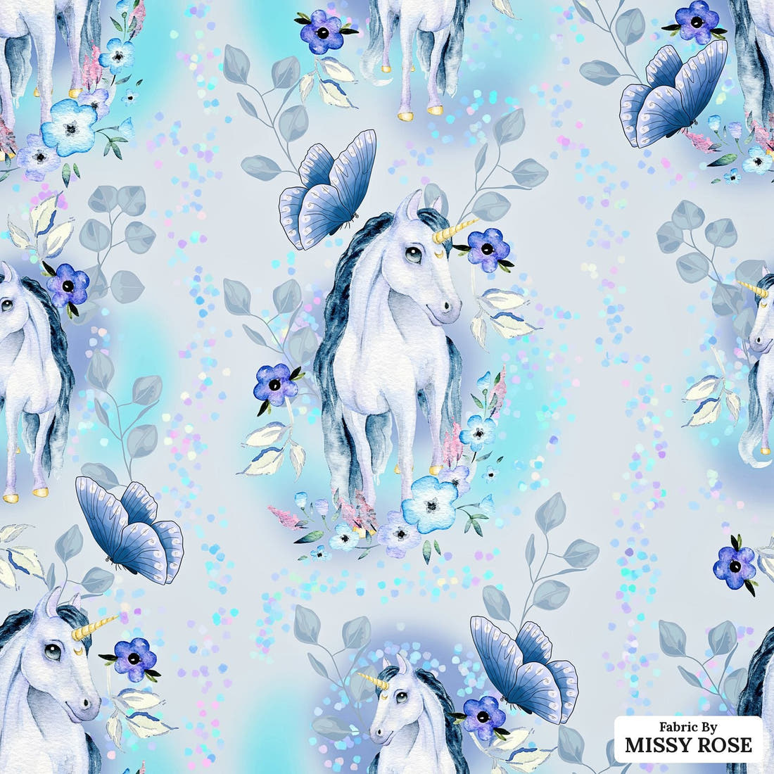 Design 1200 Blue Unicorn Fabric – flat view of the print, zoom in for detail | Fabric by Missy Rose
