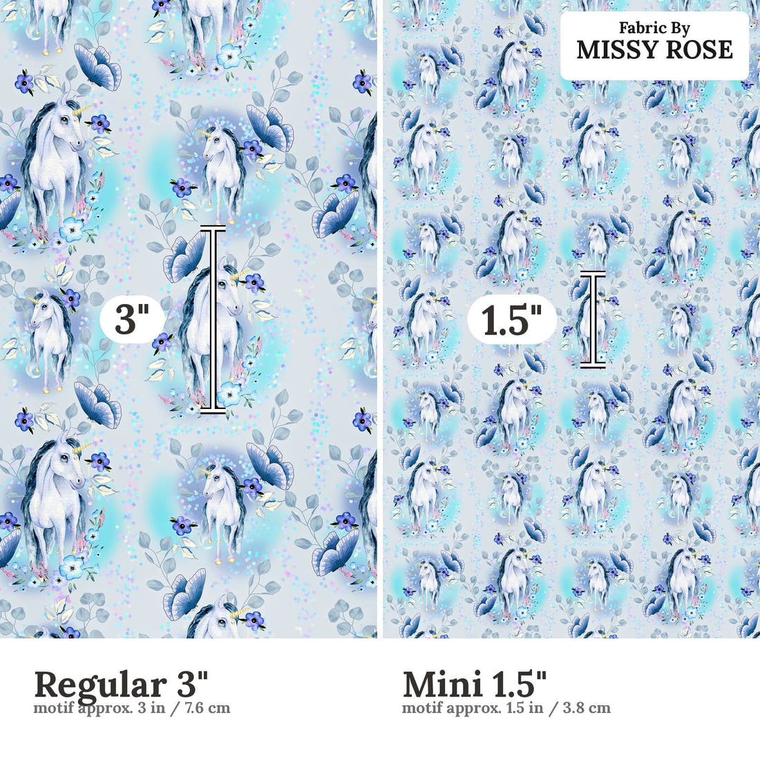 Design 1200 Blue Unicorn Fabric Regular 3 inch vs Mini 1.5 inch print scale side by side | Fabric by Missy Rose