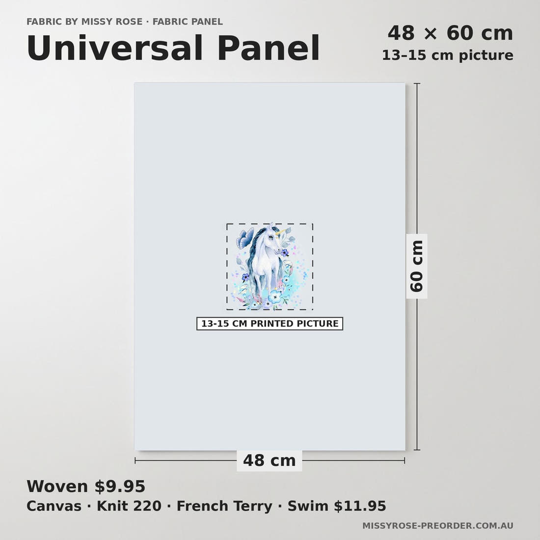 Design 1200 Blue Unicorn Panel universal panel sizing – 13–15 cm printed picture on 48 × 60 cm fabric | Fabric by Missy Rose