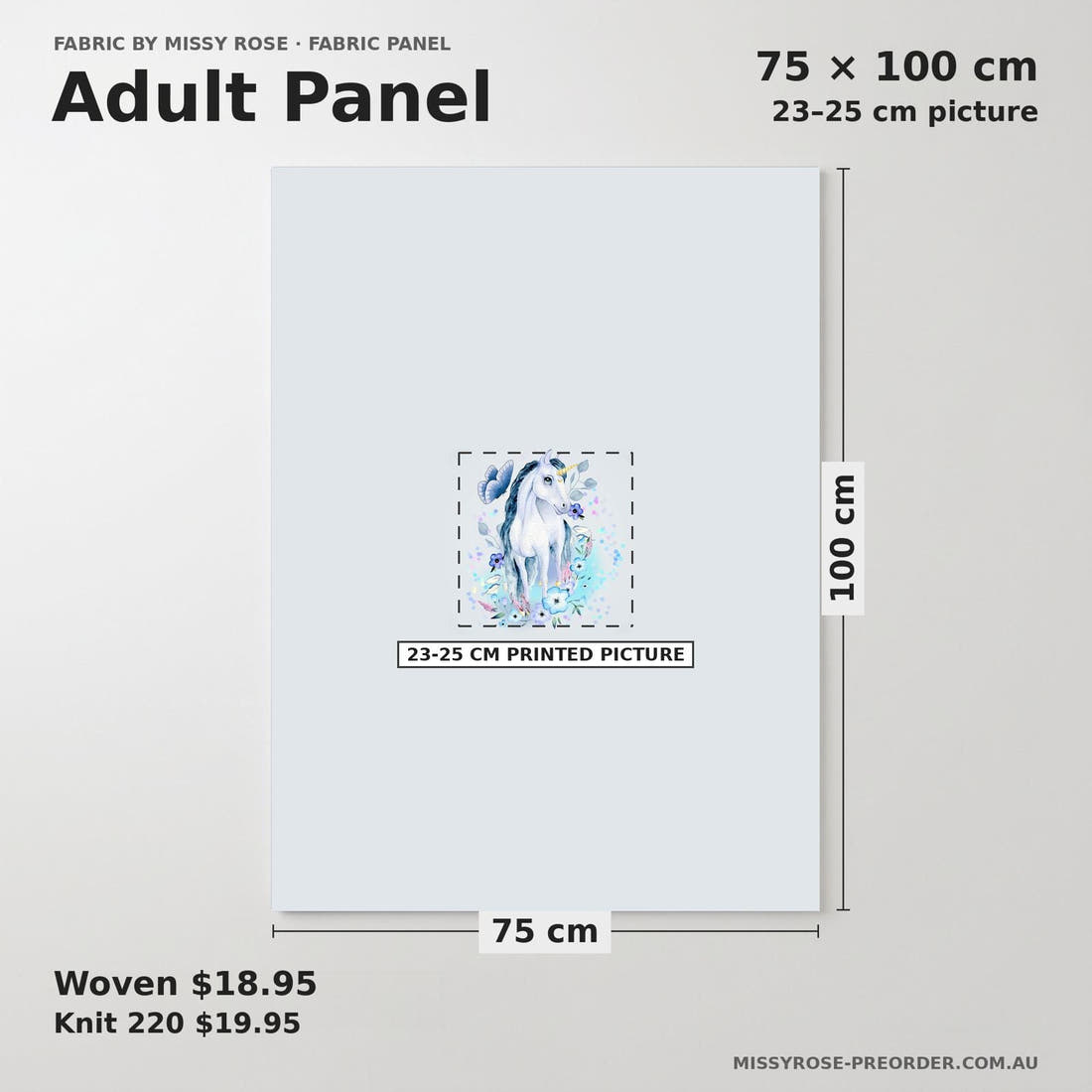 Design 1200 Blue Unicorn Panel adult panel sizing – 23–25 cm printed picture on 75 × 100 cm fabric | Fabric by Missy Rose