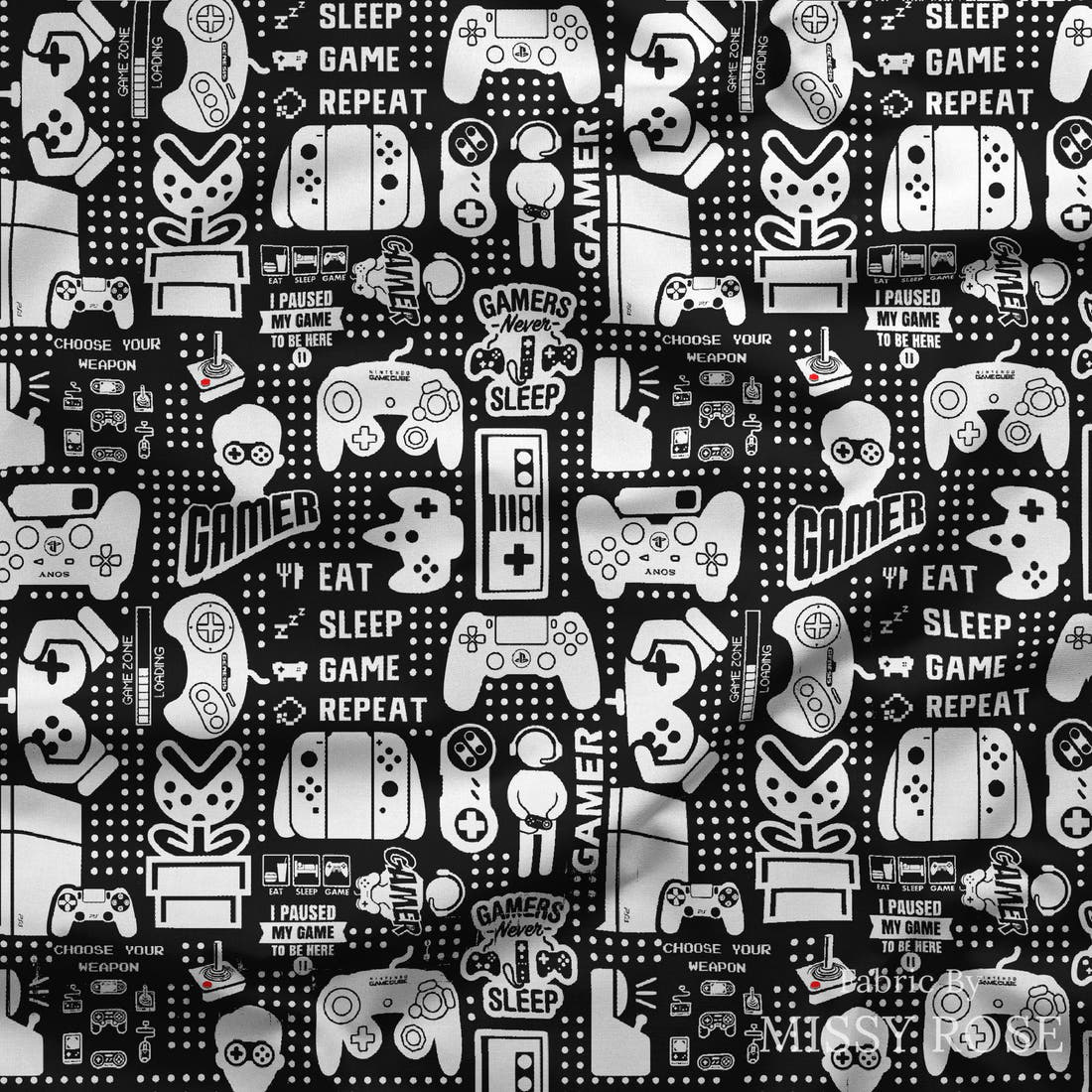 Design 121 Black Gaming Fabric draped fabric mockup – custom printed fabric by the metre | Fabric by Missy Rose