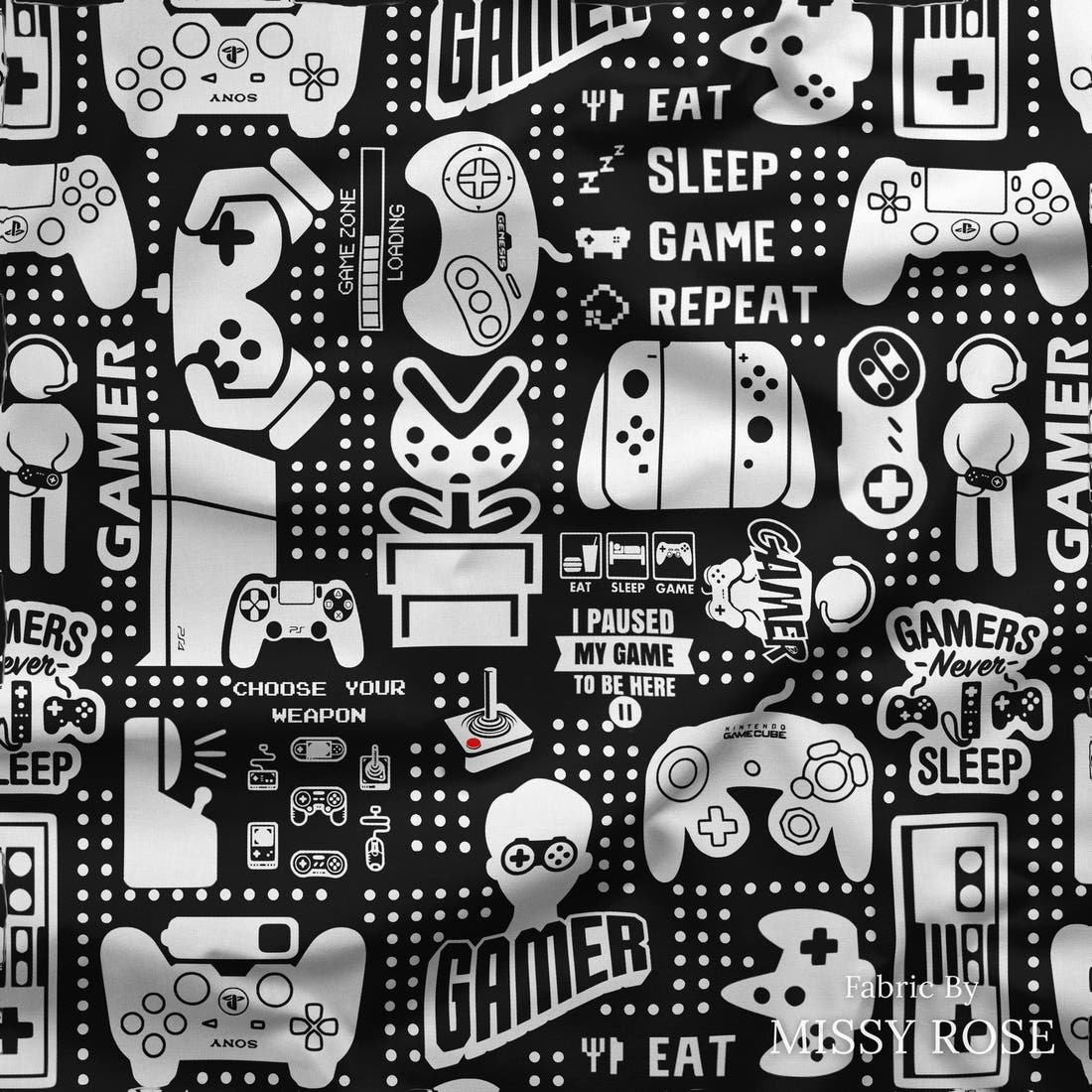 Design 121 Black Gaming Fabric draped fabric mockup – custom printed fabric by the metre | Fabric by Missy Rose