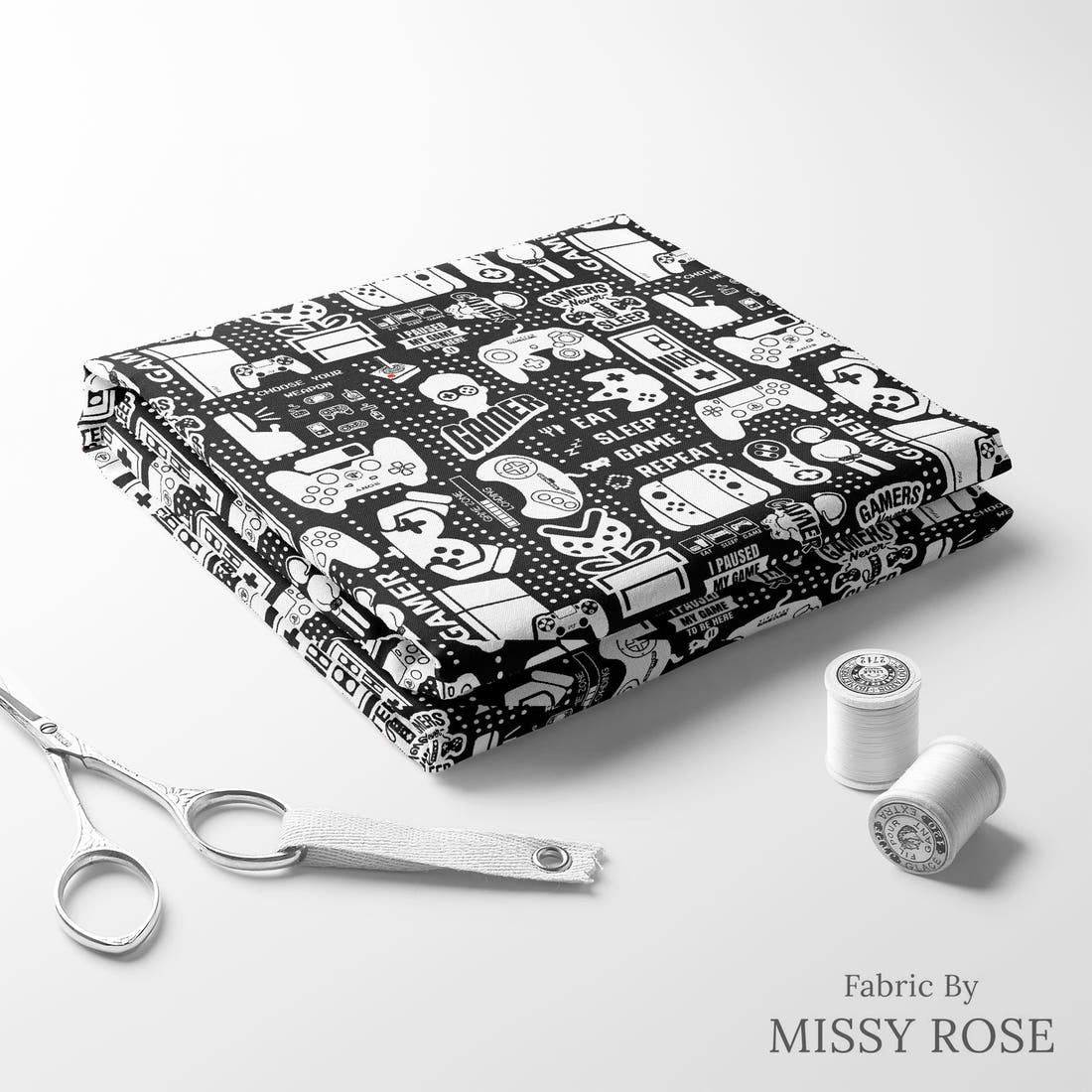 Design 121 Black Gaming Fabric folded fabric stack with matching thread – pre-order fabric Australia | Fabric by Missy Rose