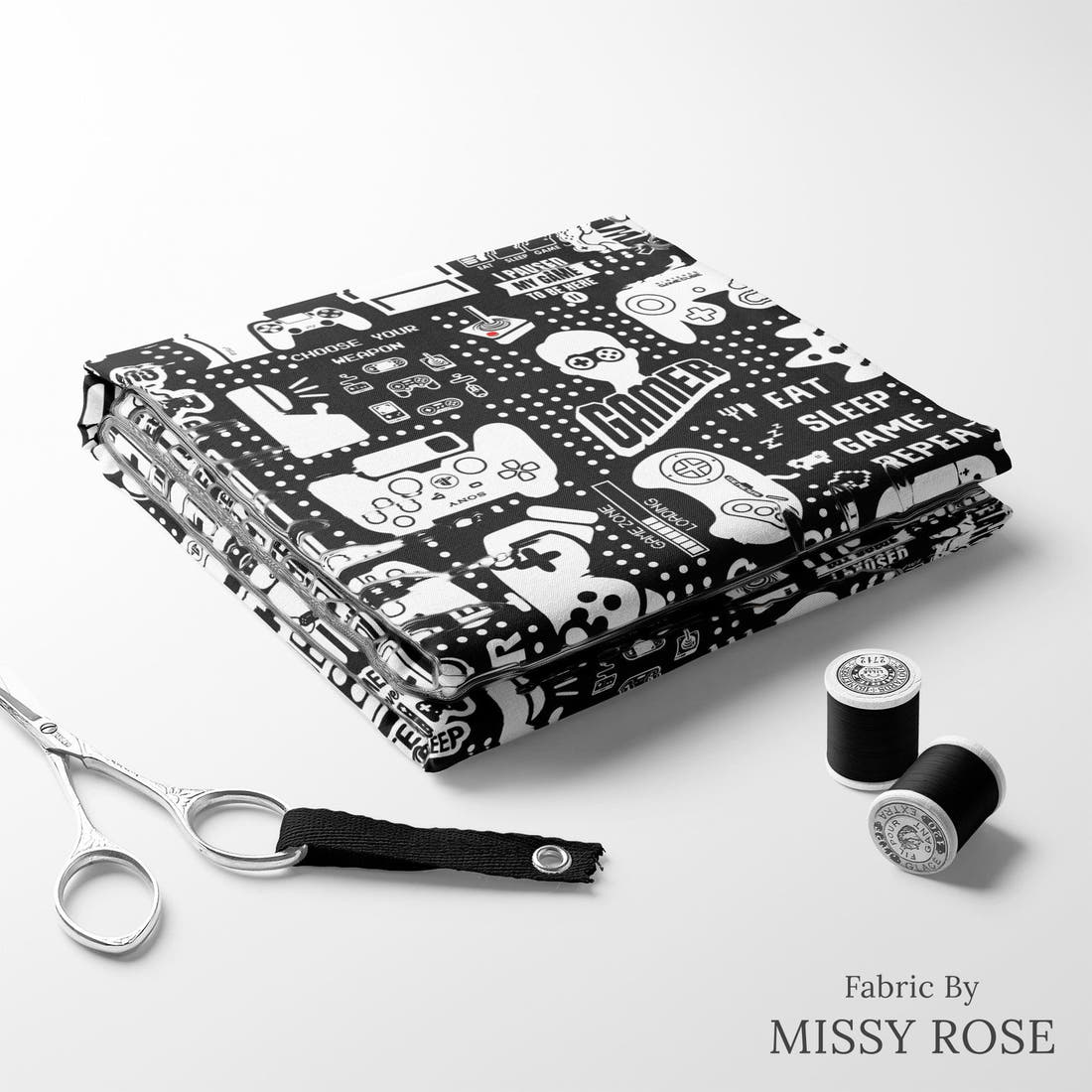 Design 121 Black Gaming Fabric folded fabric stack with matching thread – pre-order fabric Australia | Fabric by Missy Rose