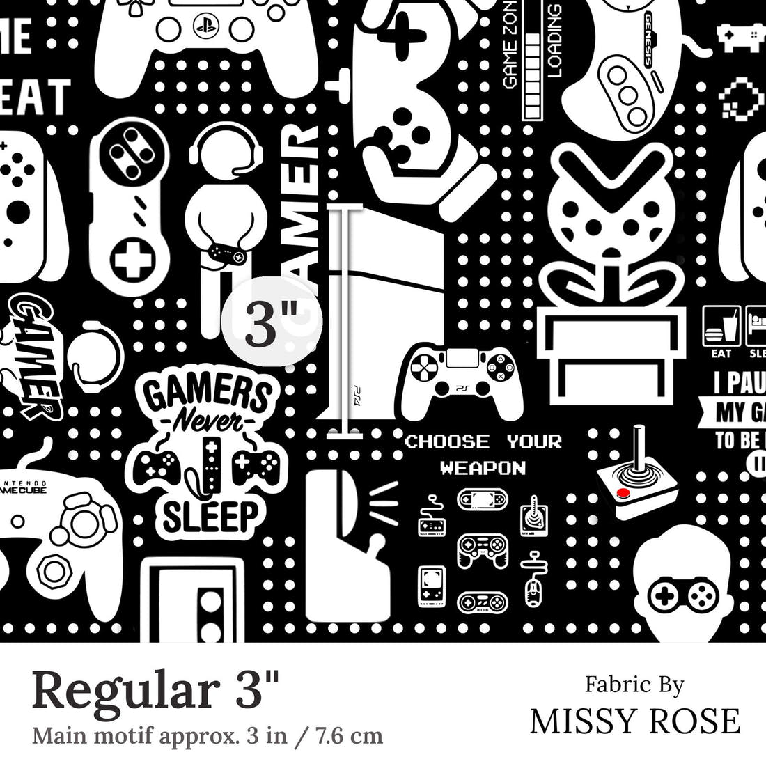 Design 121 Black Gaming Fabric Regular 3 inch print scale guide | Fabric by Missy Rose