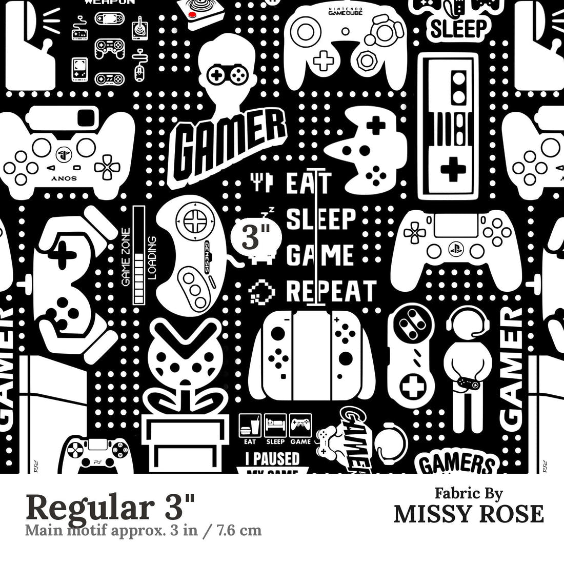 Design 121 Black Gaming Fabric Regular 3" - print scale | Fabric by Missy Rose