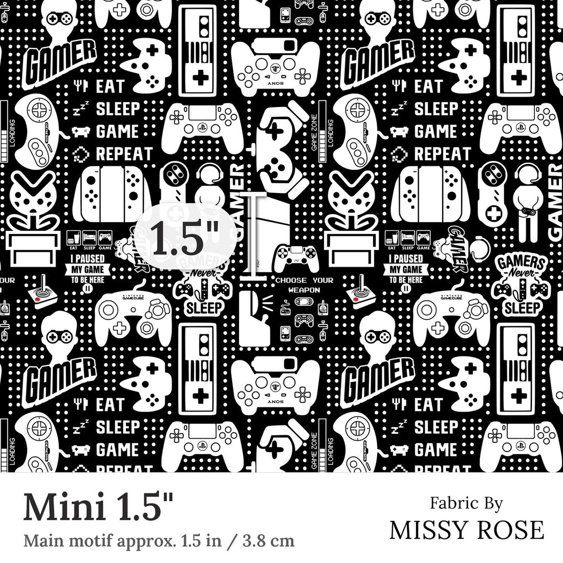 Design 121 Black Gaming Fabric Mini 1.5 inch print scale guide | Fabric by Missy Rose