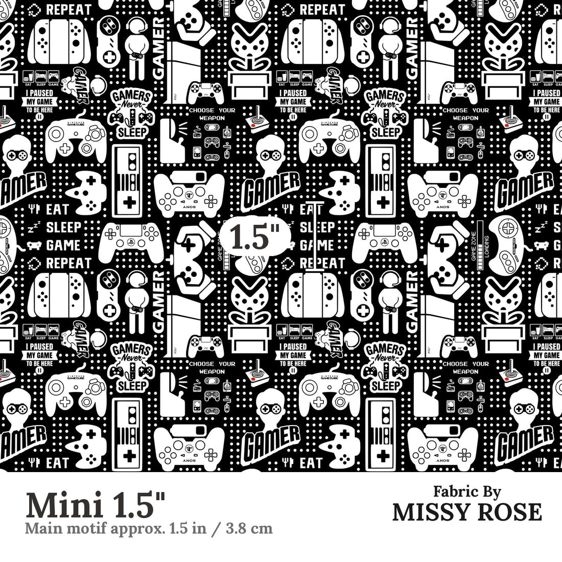 Design 121 Black Gaming Fabric Mini 1.5" - print scale | Fabric by Missy Rose