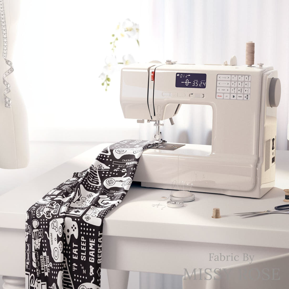 Design 121 Black Gaming Fabric on a sewing machine – premium fabric for sewing projects | Fabric by Missy Rose