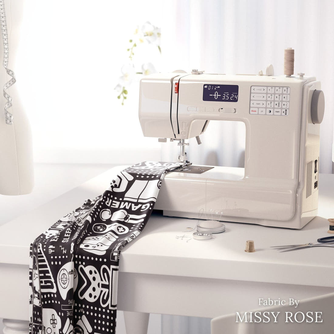 Design 121 Black Gaming Fabric on a sewing machine – premium fabric for sewing projects | Fabric by Missy Rose