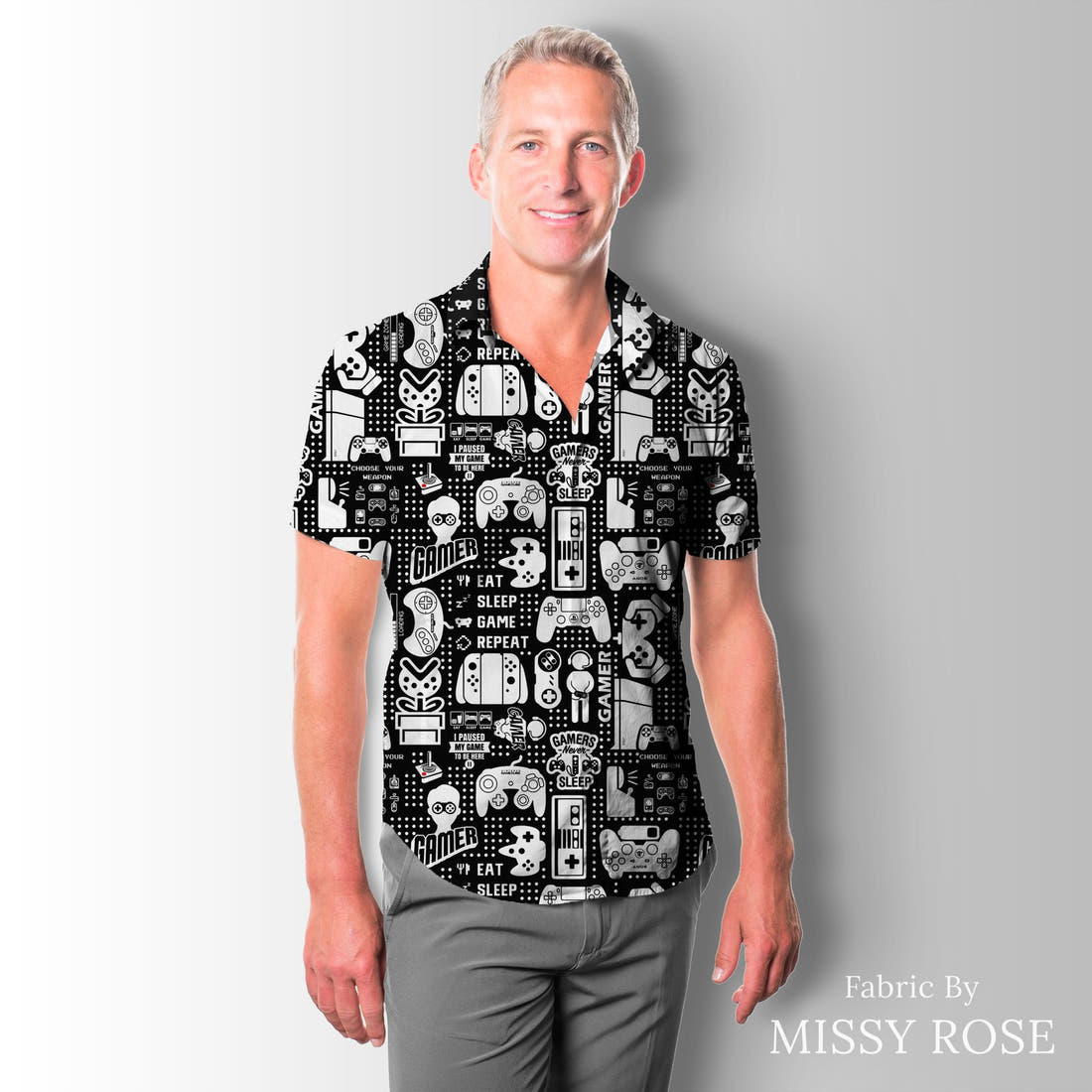 Design 121 Black Gaming Fabric sewn into a men's shirt – see how the print looks made up | Fabric by Missy Rose