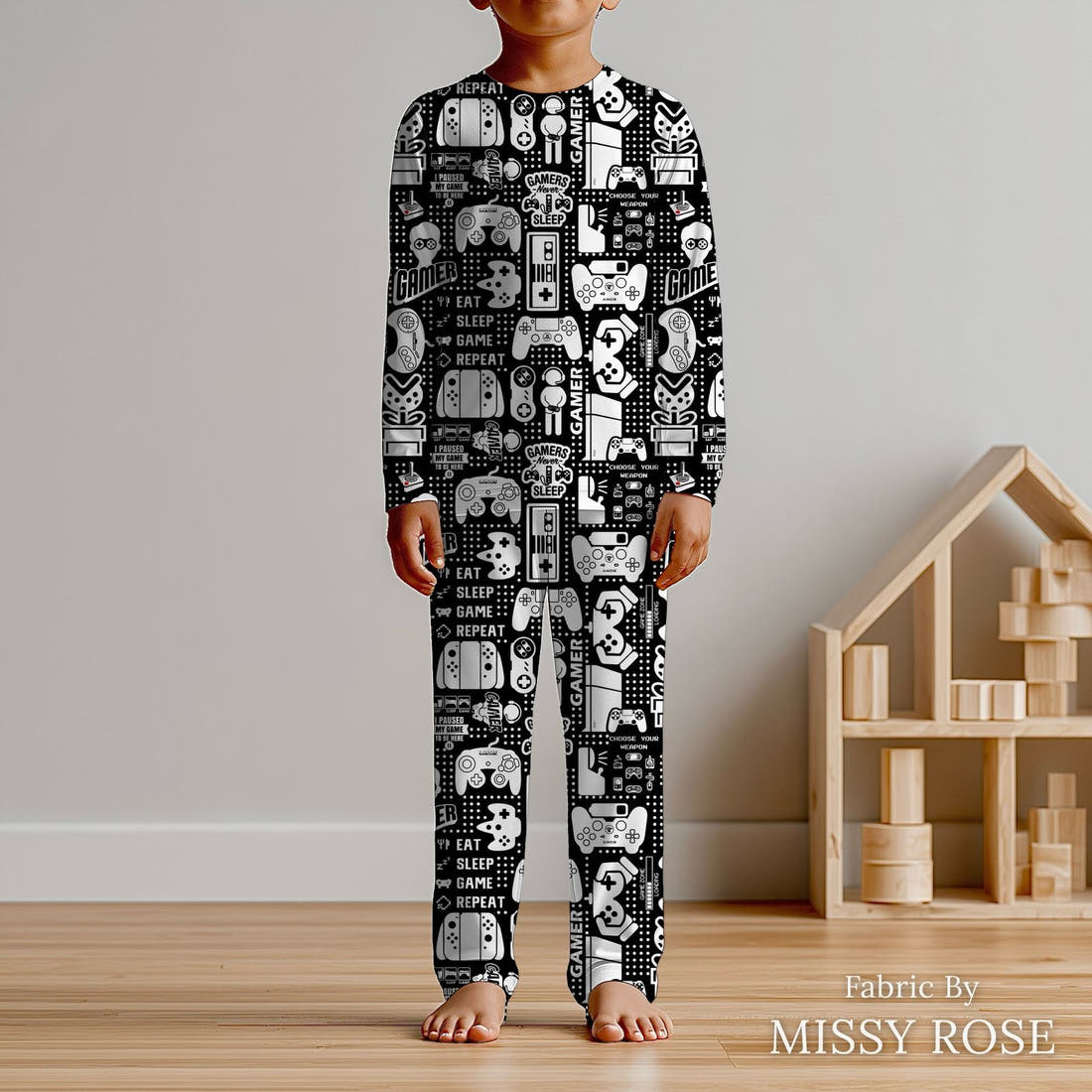 Design 121 Black Gaming Fabric sewn into kids' pyjamas – see how the print looks made up | Fabric by Missy Rose