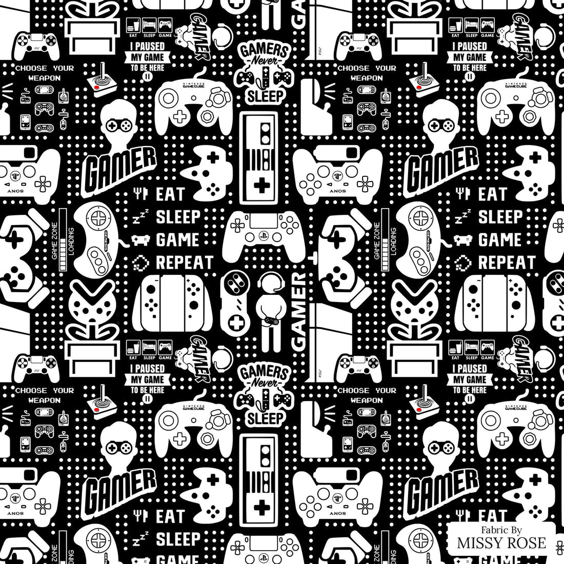 Design 121 Black Gaming Fabric - flat view of the print, zoom in for detail | Fabric by Missy Rose