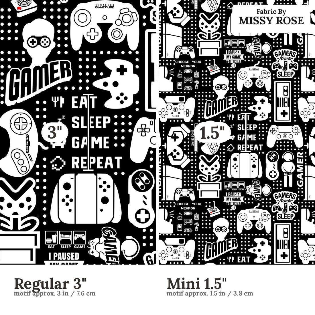 Design 121 Black Gaming Fabric size comparison - print scale | Fabric by Missy Rose
