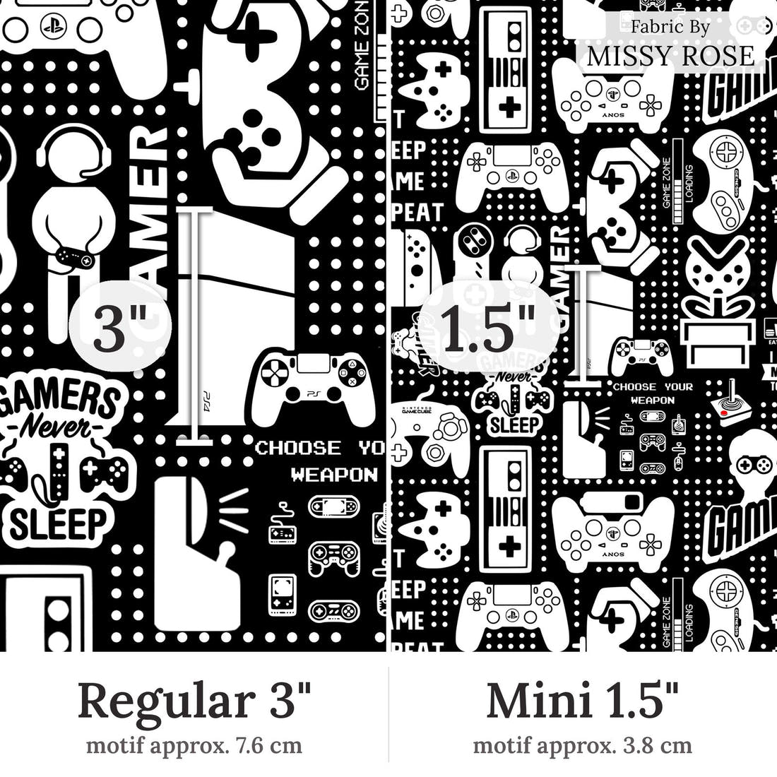 Design 121 Black Gaming Fabric Regular 3 inch vs Mini 1.5 inch print scale side by side | Fabric by Missy Rose