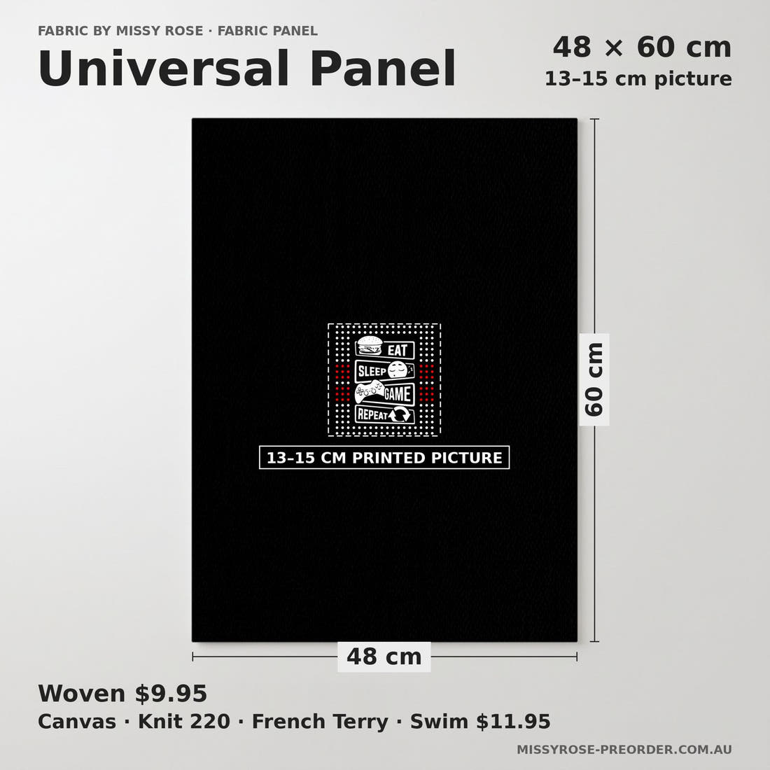 Design 121 Black Gaming Panel universal panel sizing – 13–15 cm printed picture on 48 × 60 cm fabric | Fabric by Missy Rose
