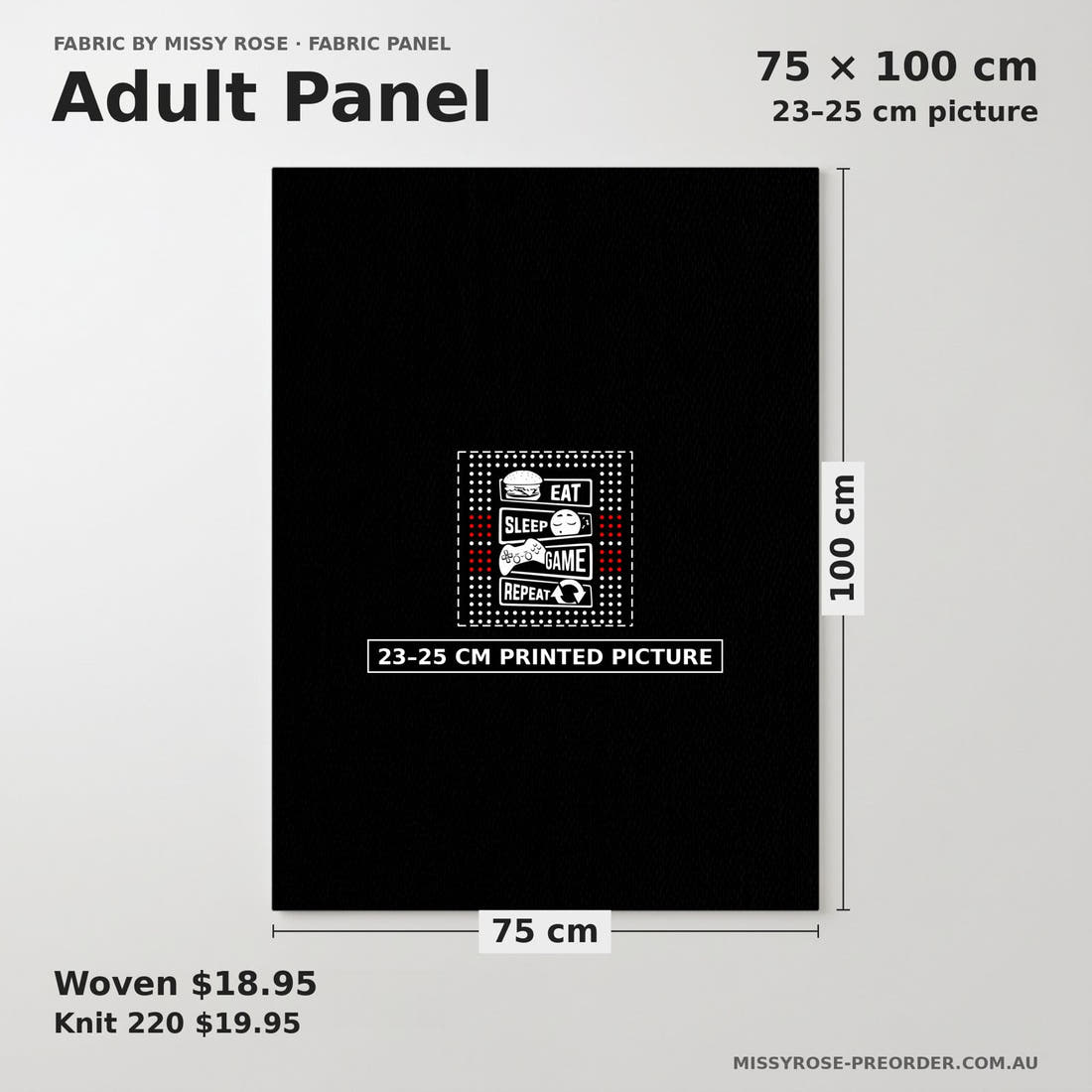 Design 121 Black Gaming Panel adult panel sizing – 23–25 cm printed picture on 75 × 100 cm fabric | Fabric by Missy Rose