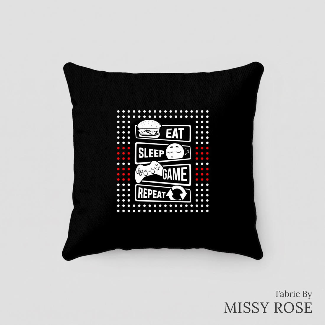 Design 121 Black Gaming Panel sewn into a cushion – see how the panel looks made up | Fabric by Missy Rose
