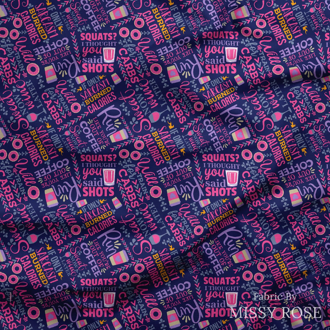 Design 122 Funny Gym Fabric draped fabric mockup – custom printed fabric by the metre | Fabric by Missy Rose