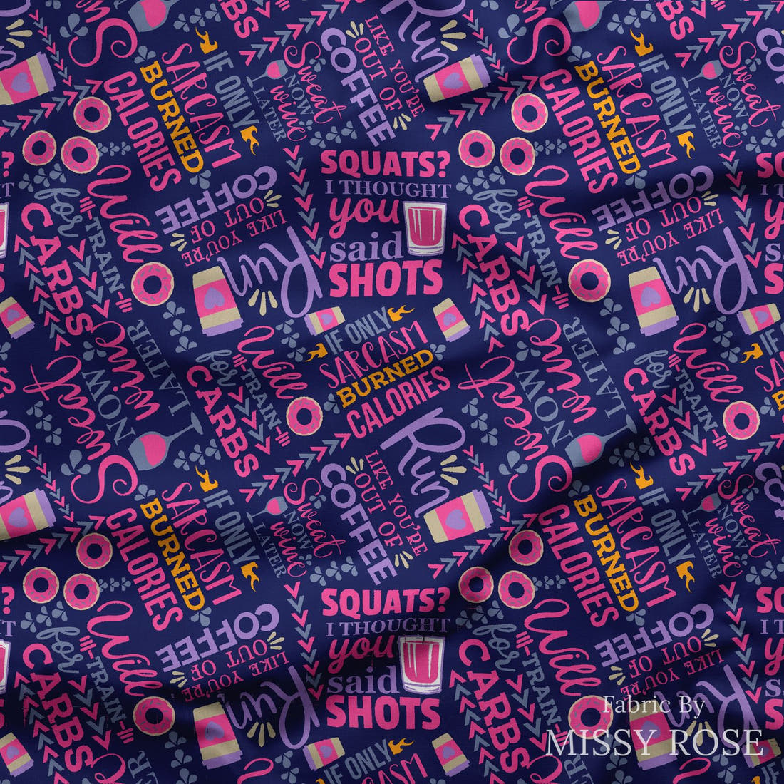 Design 122 Funny Gym Fabric draped fabric mockup – custom printed fabric by the metre | Fabric by Missy Rose