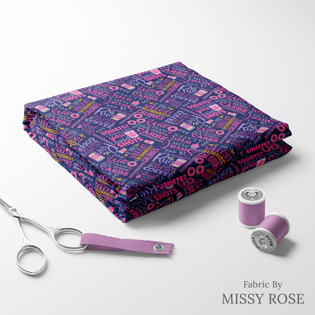 Design 122 Funny Gym Fabric folded fabric stack with matching thread – pre-order fabric Australia | Fabric by Missy Rose