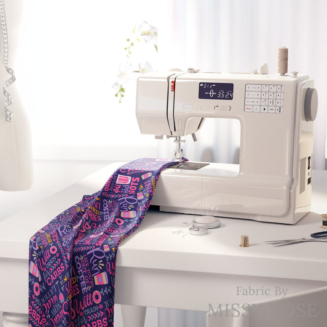 Design 122 Funny Gym Fabric on a sewing machine – premium fabric for sewing projects | Fabric by Missy Rose
