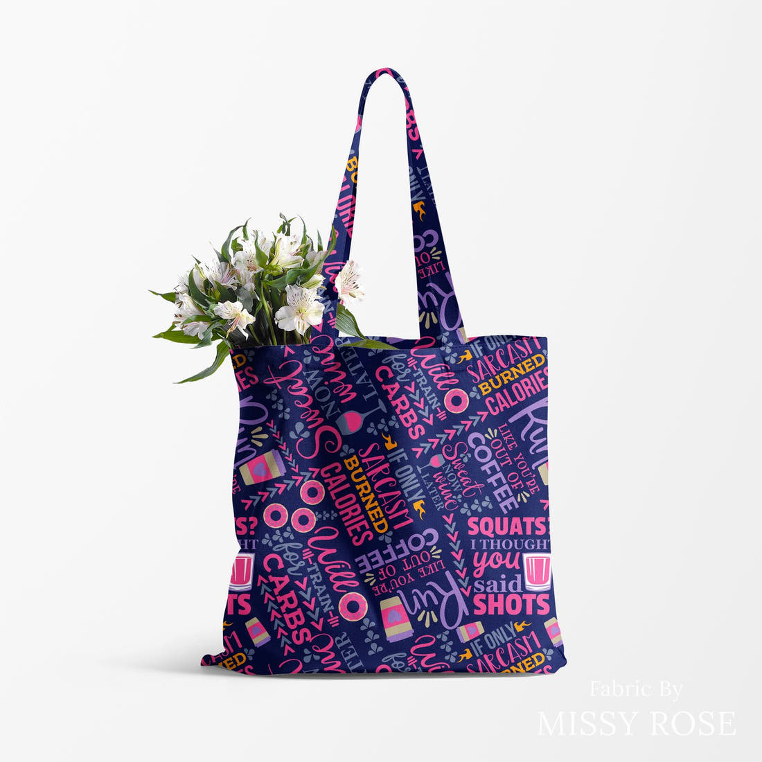 Design 122 Funny Gym Fabric made up as a tote bag – see how the print looks made up | Fabric by Missy Rose