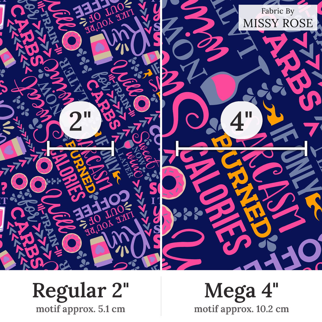 Design 122 Funny Gym Fabric Regular 2 inch vs Mega 4 inch print scale side by side | Fabric by Missy Rose