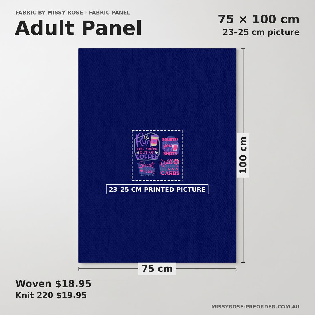 Design 122 Funny Gym Panel adult panel sizing – 23–25 cm printed picture on 75 × 100 cm fabric | Fabric by Missy Rose