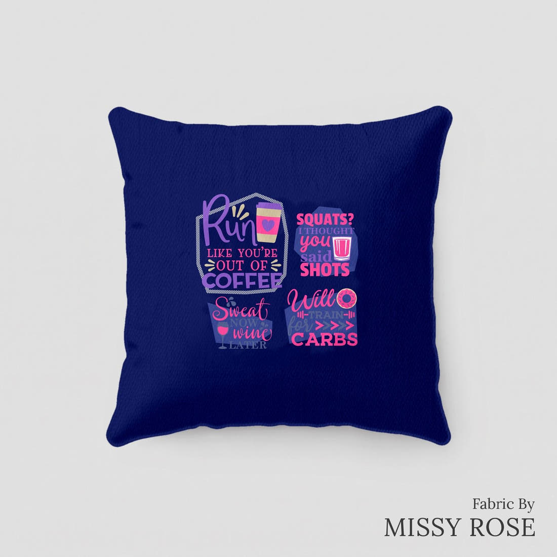 Design 122 Funny Gym Panel sewn into a cushion – see how the panel looks made up | Fabric by Missy Rose
