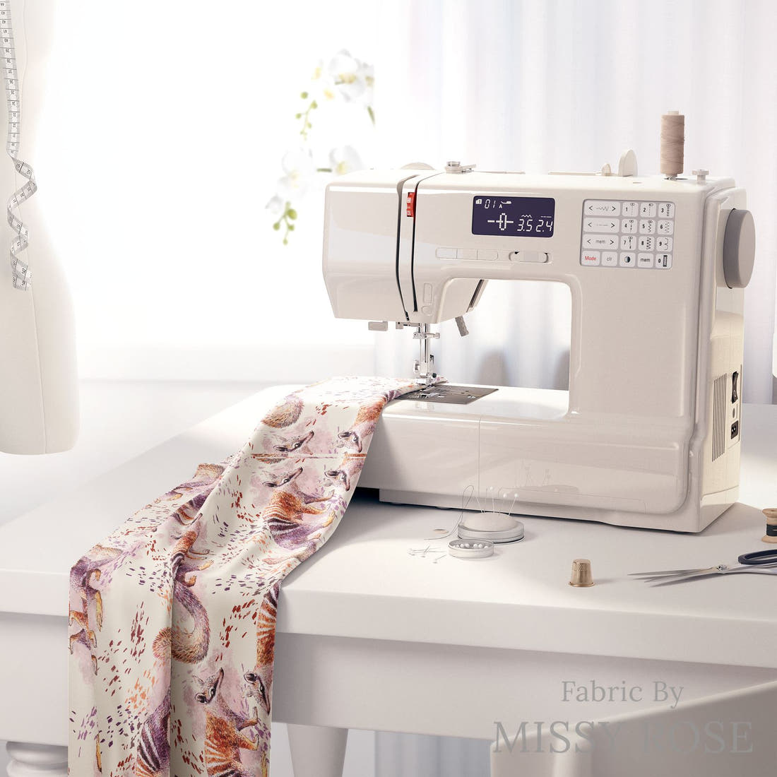 Design 123 Numbat Fabric on a sewing machine – premium fabric for sewing projects | Fabric by Missy Rose