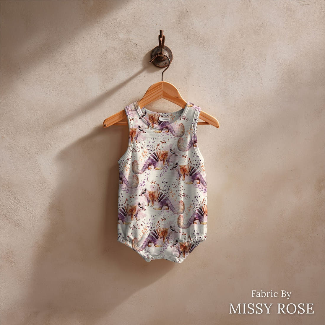 Design 123 Numbat Fabric sewn into a baby romper – see how the print looks made up | Fabric by Missy Rose