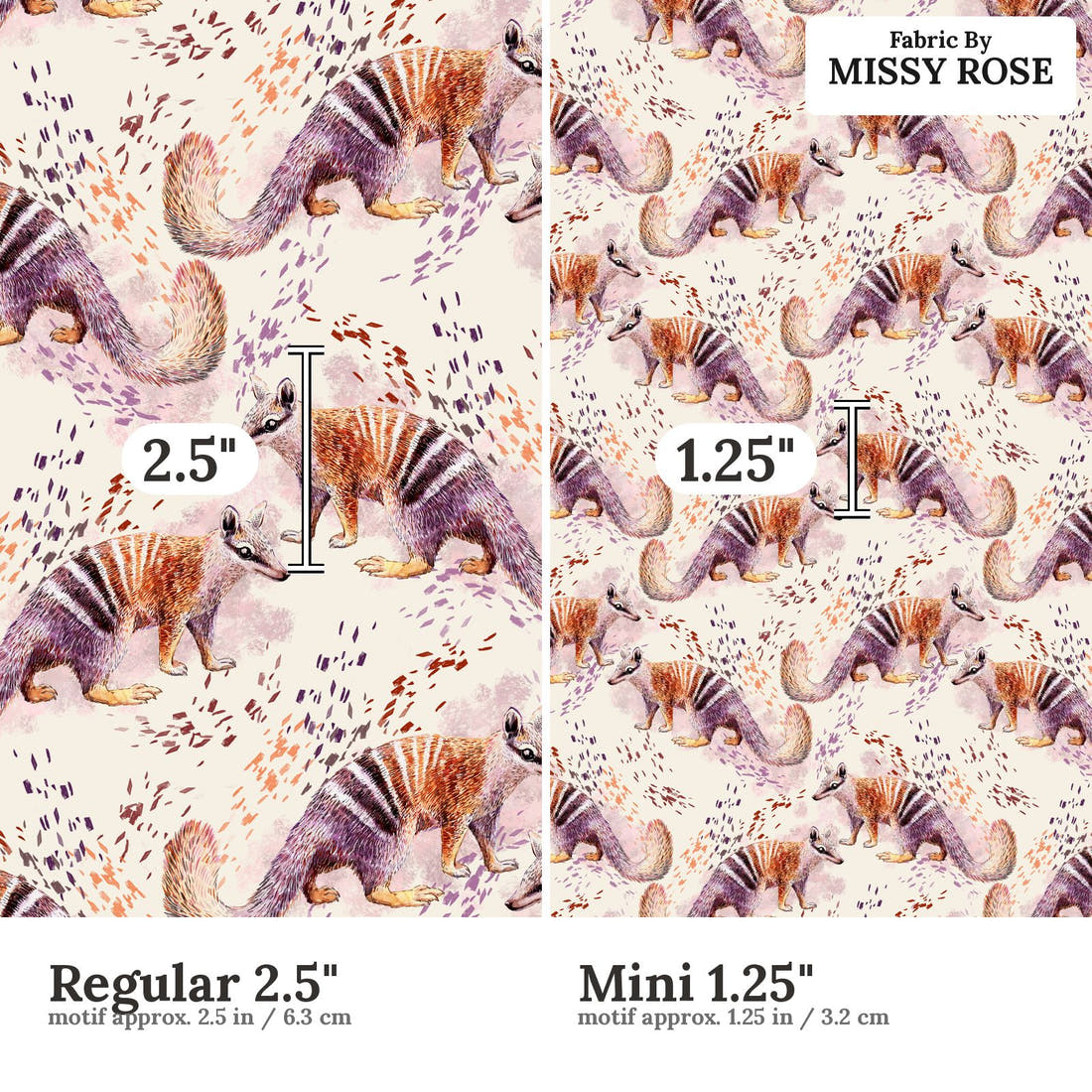 Design 123 Numbat Fabric size comparison - print scale | Fabric by Missy Rose