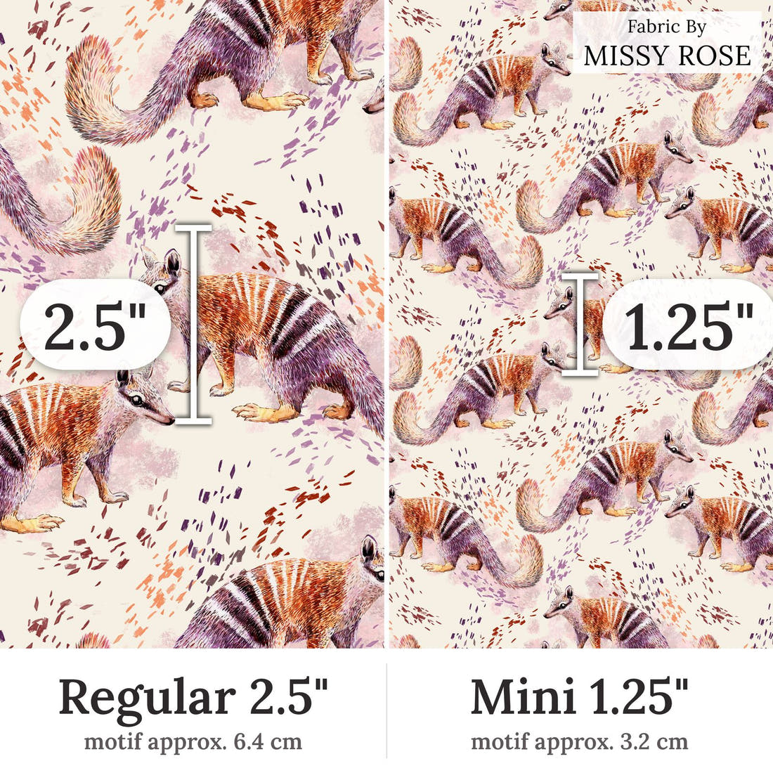 Design 123 Numbat Fabric Regular 2.5 inch vs Mini 1.25 inch print scale side by side | Fabric by Missy Rose
