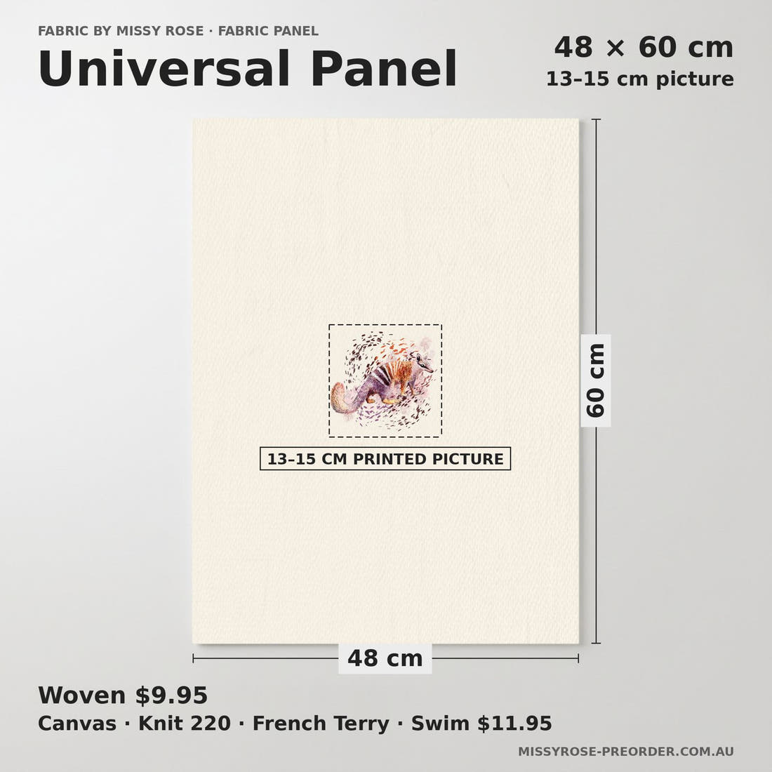 Design 123 Numbat Panel universal panel sizing – 13–15 cm printed picture on 48 × 60 cm fabric | Fabric by Missy Rose